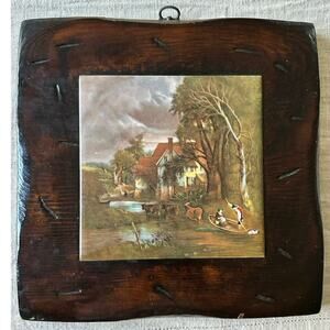 Vintage Ceramic Tile Framed Wall Hanging solid wood nature 10” country cottage